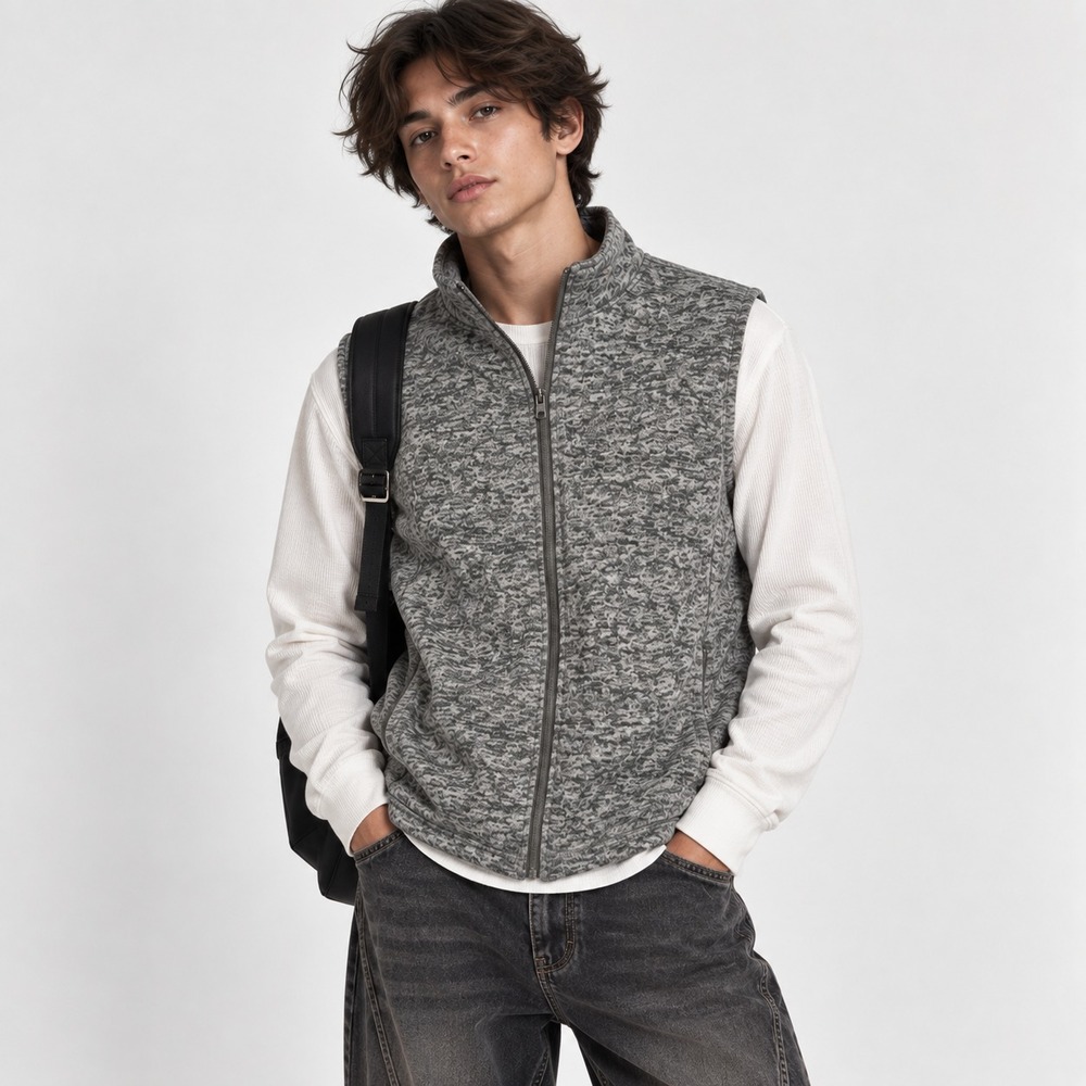 Lands End Fleece Full Zip Mock Neck Mens Sweater  Vest Preppy Grey Size Small